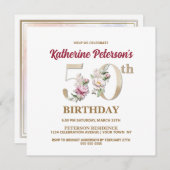 Roos Floral K 50th Birthday Party Invitation Kaart (Voorkant / Achterkant)