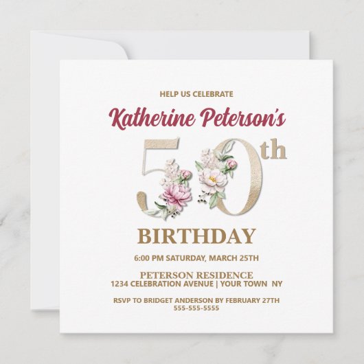 Roos Floral K 50th Birthday Party Invitation Kaart (Voorkant)