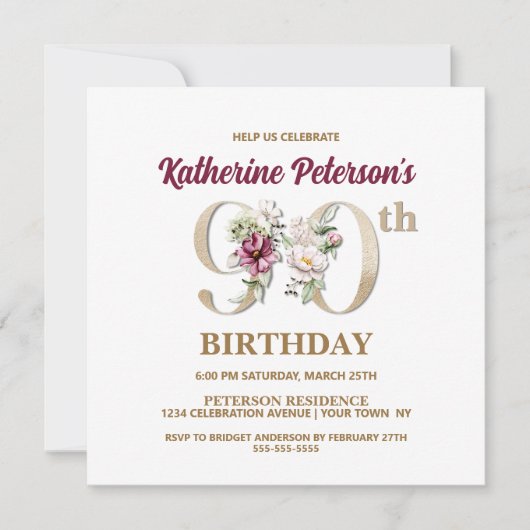 Roos Floral K 90th Birthday Party Invitation Kaart (Voorkant)