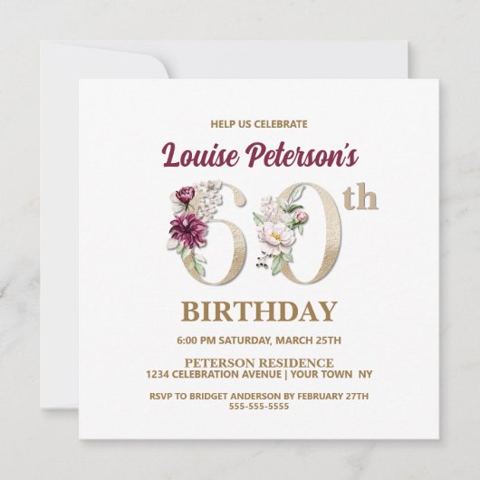 Roos Floral L 60th Birthday Party Invitation Kaart (Voorkant)