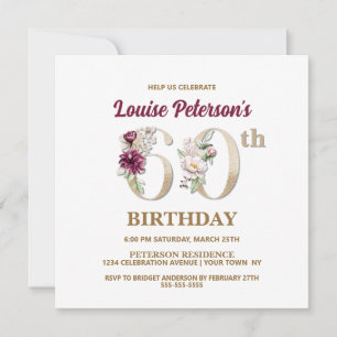 Roos Floral L 60th Birthday Party Invitation Kaart