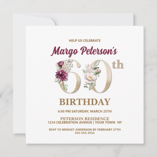Roos Floral M 60th Birthday Party Invitation Kaart (Voorkant)