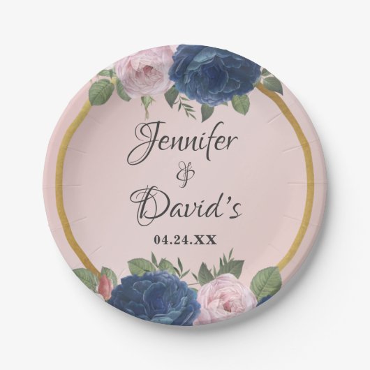 Roos Floral Navy Blue Blush Pink Gold Wedding Papieren Bordje (Voorkant)