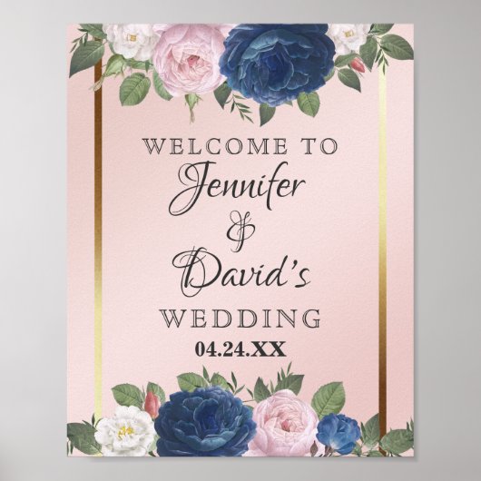 Roos Floral Navy Blue Blush Pink Gold Wedding Poster (Voorkant)