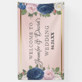 Roos Floral Navy Blue Blush Pink Gold Wedding Spandoek (Verticaal)