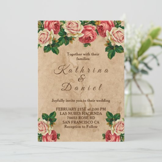 roos floral old paper bruiloft uitnodiging (Staand voorkant)