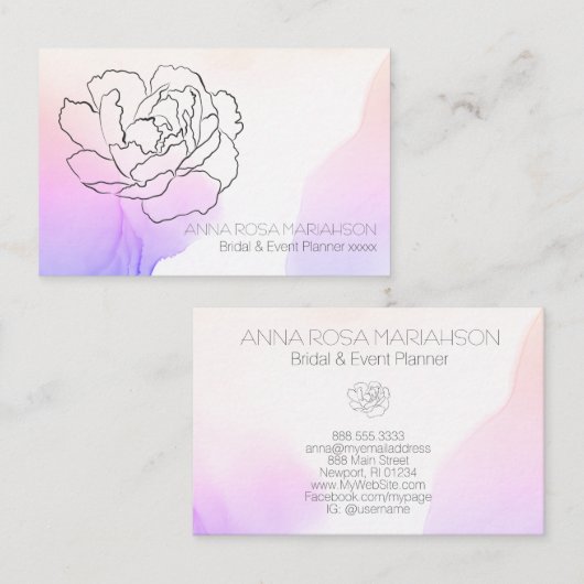 *~* Roos Floral Pastel Lavendel & Roze Waterverf Visitekaartje (Voorkant / Achterkant)