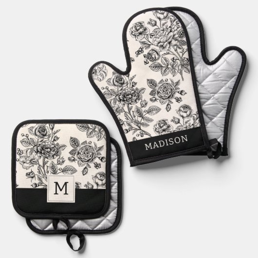  Roos Floral Pattern Ovenwant & Pannenlap Set (Voorkant / Achterkant)