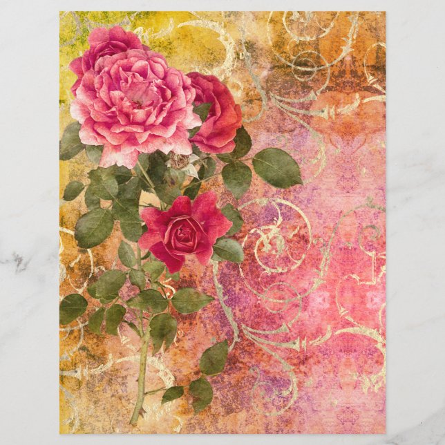  Roos Floral Red Pink met Gold Damask (Voorkant)
