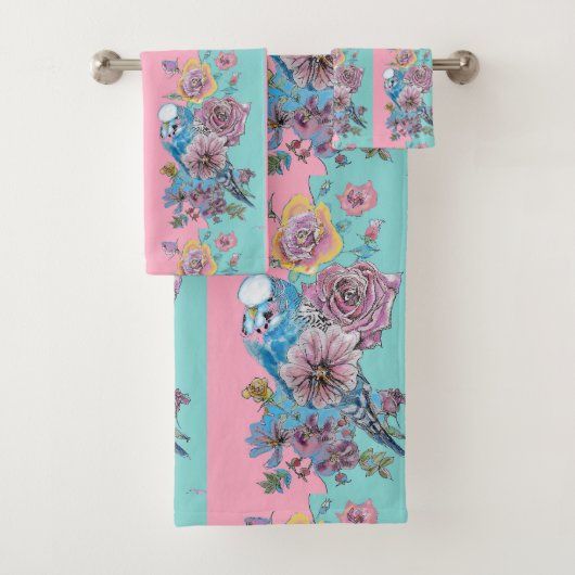 Roos Floral Rozen Budgie Bird Womans Pink Aqua Bad Handdoek (Insitu)