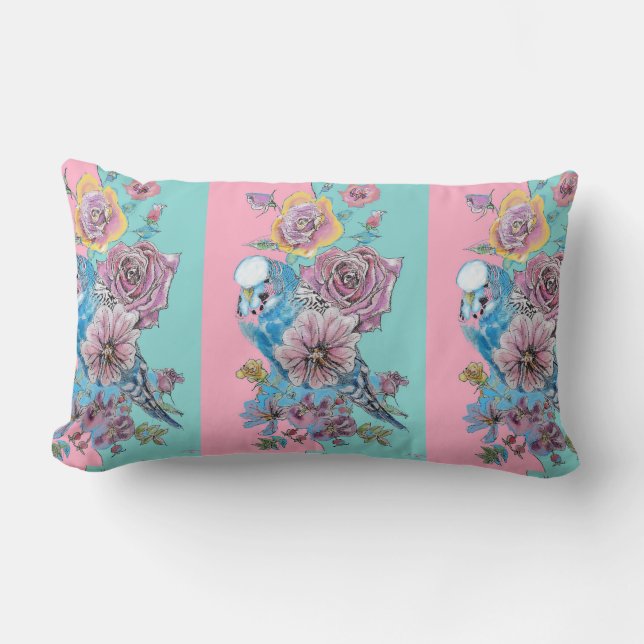 Roos Floral Rozen Budgie Bird Womans Pink Aqua Cus Kussen (Voorkant)