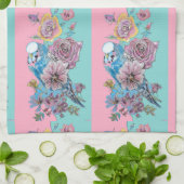 Roos Floral Rozen Budgie Bird Womans Pink Aqua Theedoek (Gevouwen)