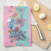 Roos Floral Rozen Budgie Bird Womans Pink Aqua Theedoek (Quarter Fold)