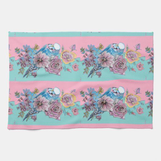 Roos Floral Rozen Budgie Bird Womans Pink Aqua Theedoek (Horizontaal)