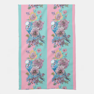 Roos Floral Rozen Budgie Bird Womans Pink Aqua Theedoek