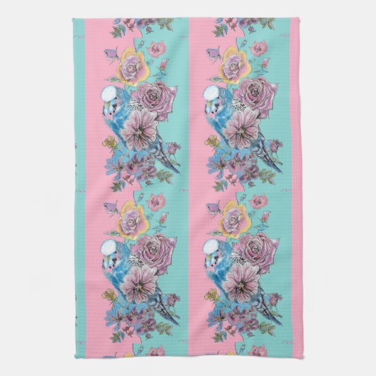 Roos Floral Rozen Budgie Bird Womans Pink Aqua Theedoek (Verticaal)