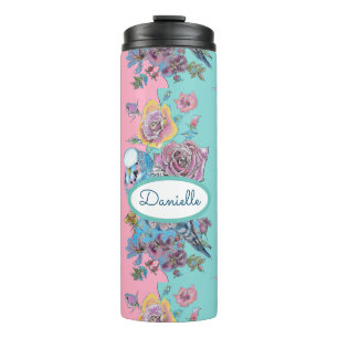 Roos Floral Rozen Budgie Bird Womans Pink Aqua  Thermosbeker