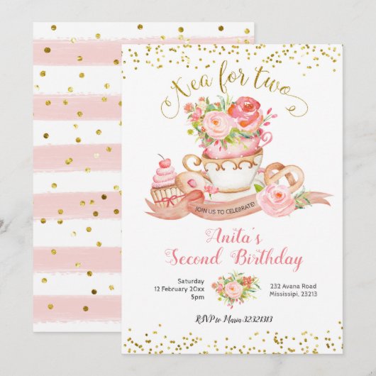 Roos Floral Tea for Two Birthday Party Invitation Kaart (Voorkant / Achterkant)