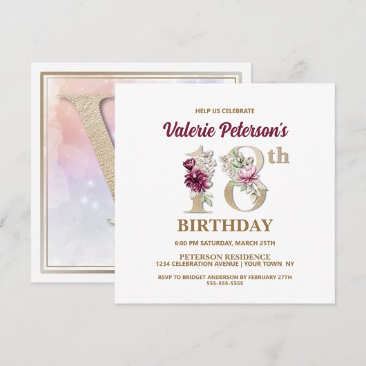 Roos Floral V 18e verjaardag van de uitnodiging (Voorkant / Achterkant)