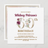 Roos Floral W 60th Birthday Party Invitation Kaart (Voorkant / Achterkant)