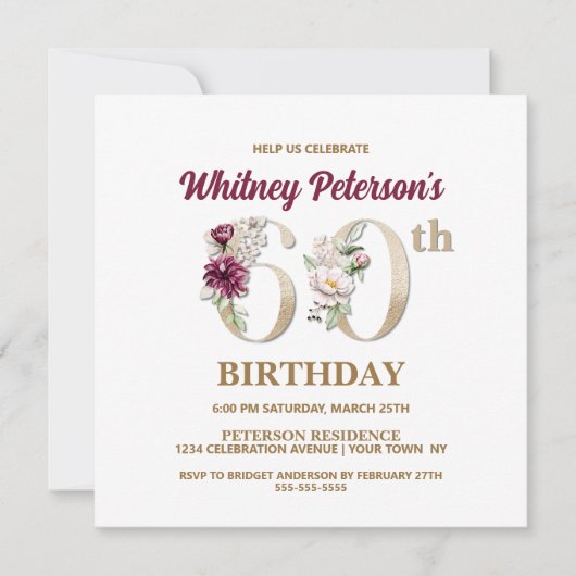 Roos Floral W 60th Birthday Party Invitation Kaart (Voorkant)
