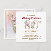 Roos Floral W 80th Birthday Party Invitation Kaart (Voorkant / Achterkant)