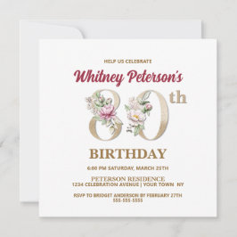 Roos Floral W 80th Birthday Party Invitation Kaart