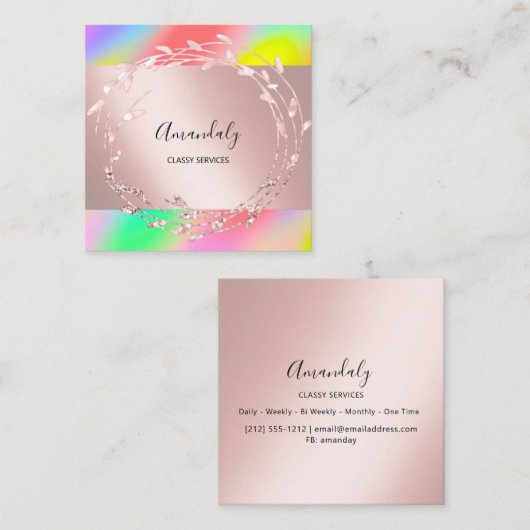 Roos Floral Wreath Elegant Event Holographic Vierkante Visitekaartje (Voorkant / Achterkant)