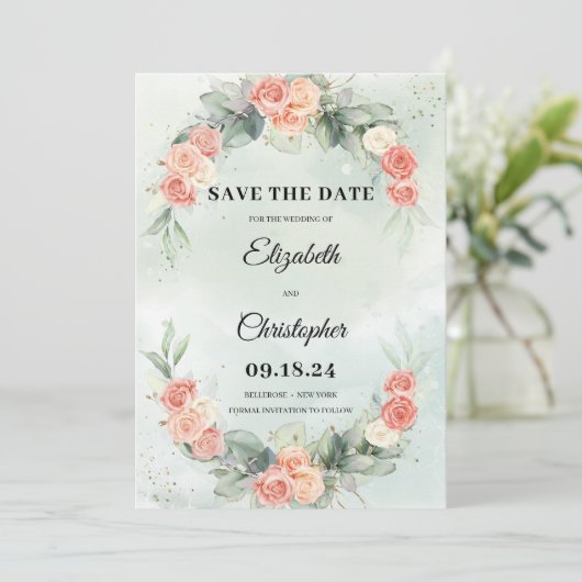 Roos Floral Wreath Eucalyptus Greenery Save The Date (Staand voorkant)