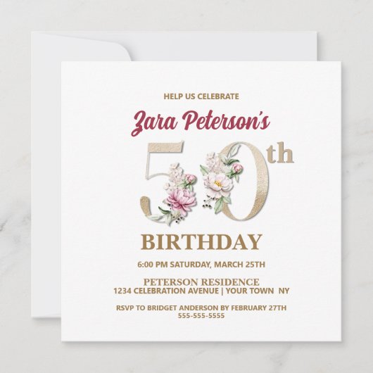 Roos Floral Z 50th Birthday Party Invitation Kaart (Voorkant)
