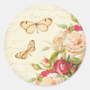 Roos florale zomersticker met vlinder Ronde Sticker