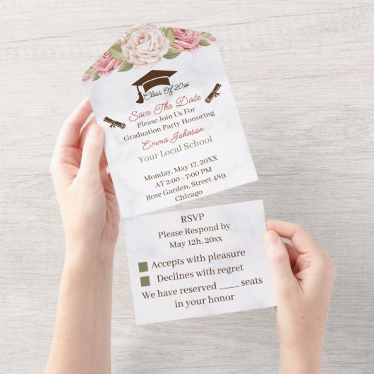 Roos Flower Gepersonaliseerd Save the Date Afstude All In One Uitnodiging (Afscheurbaar)