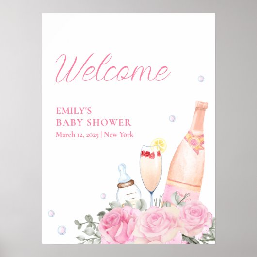 Roos Flower Poppin Champagne Baby shower Welkom Poster (Voorkant)
