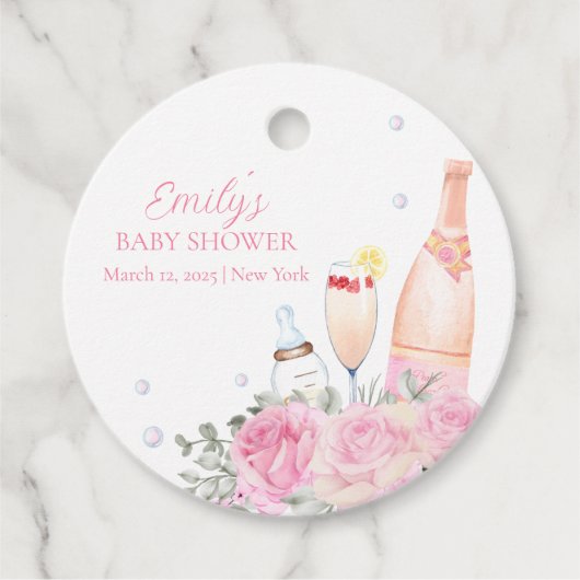 Roos Flower Poppin Champagne Bottles Baby shower Bedankjes Labels (Voorkant)