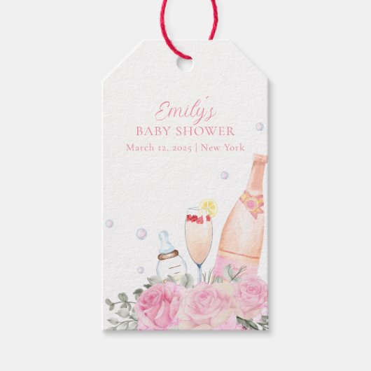 Roos Flower Poppin Champagne Bottles Baby shower Cadeaulabel (Voorkant)