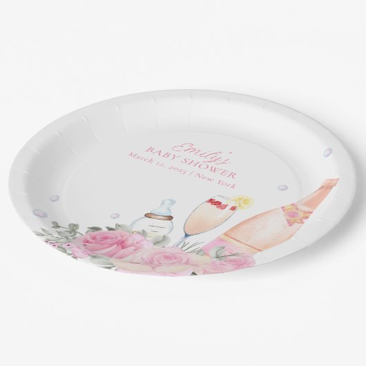 Roos Flower Poppin Champagne Bottles Baby shower Papieren Bordje (Gekanteld)