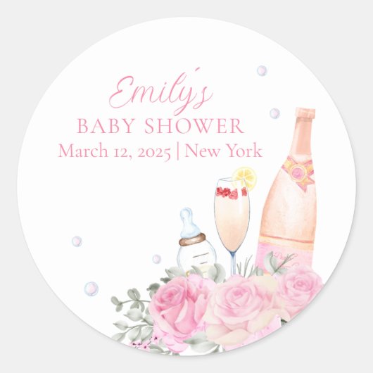 Roos Flower Poppin Champagne Bottles Baby shower Ronde Sticker (Voorkant)