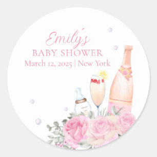 Roos Flower Poppin Champagne Bottles Baby shower Ronde Sticker