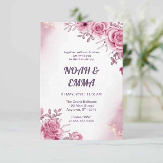Roos Flower Wedding Invitation | Paarse donkere sc Kaart (Staand voorkant)
