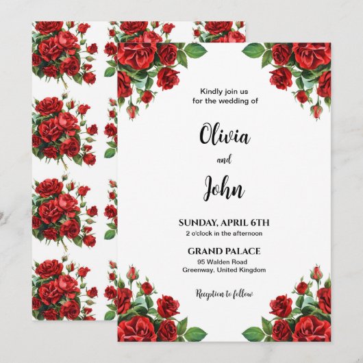 Roos Flower Wedding Invitation Sjabloon, afdrukbaa Kaart (Voorkant / Achterkant)