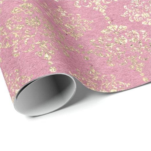 Roos Foxier Metallic Damask Gold Princess Pink Cadeaupapier (Rol Hoek)