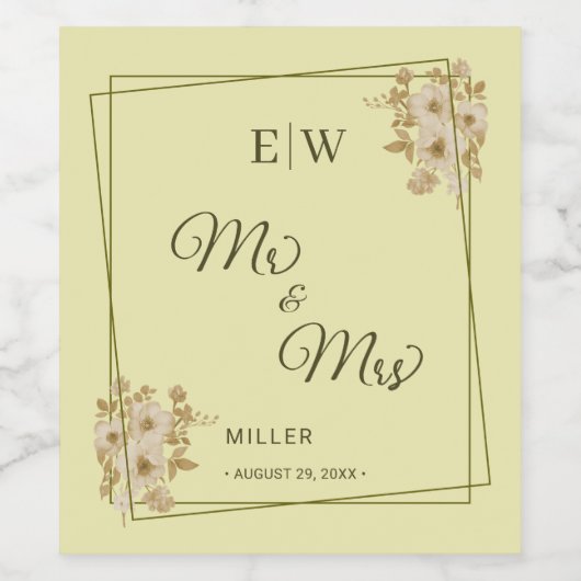 Roos Frame – Monogram Hemels Geel Bruiloft Wijn Etiket (Enkel label)