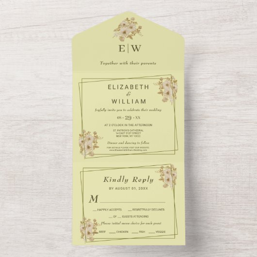 Roos Frame – Monogram Himmelsgeel Bruiloft All In One Uitnodiging (Binnen)