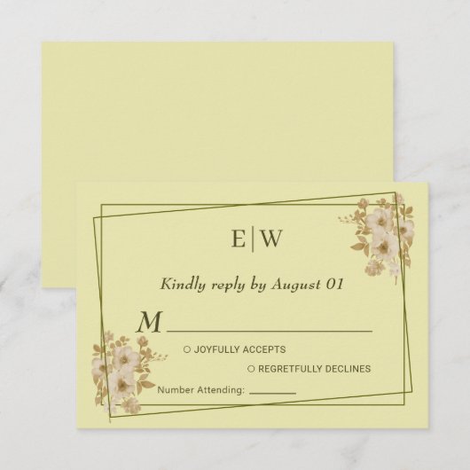 Roos Frame – Monogram Himmelsgeel Bruiloft RSVP Kaartje (Voorkant / Achterkant)