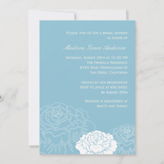 Roos Garden Bridal Shower Invitation - Zacht blauw Kaart (Voorkant)