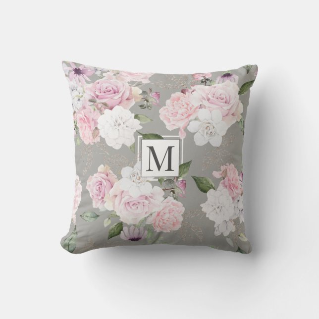 Roos Garden Elegant Floral Monogram Sierkussen (Voorkant)