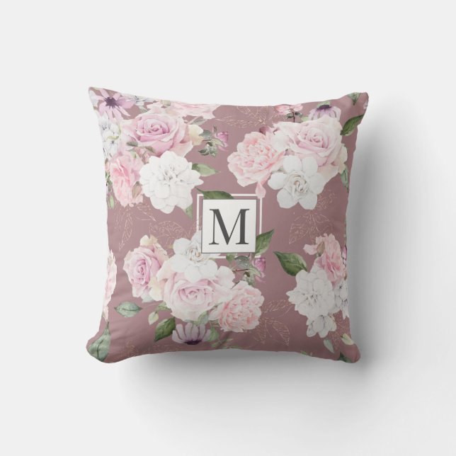 Roos Garden Elegant Floral Monogram Sierkussen (Voorkant)