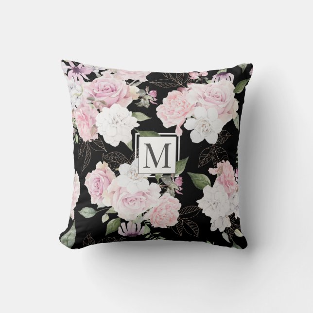 Roos Garden Elegant Floral Monogram Sierkussen (Voorkant)