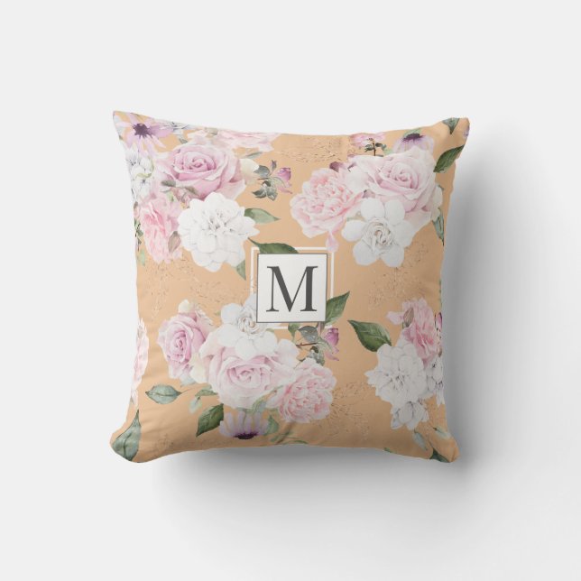 Roos Garden Elegant Floral Monogram Sierkussen (Voorkant)