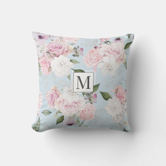 Roos Garden Elegant Floral Monogram Sierkussen (Voorkant)